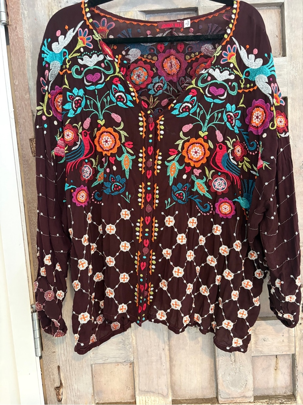 Johnny Was very dark Brown  Embroidered Floral Peasant Top, heavy embroidery